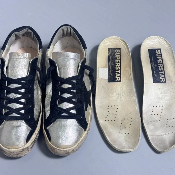 Golden Goose Superstar Silver Leather Sneakers Sz 38 / 7.5 US AUTHENTIC - Picture 6 of 11